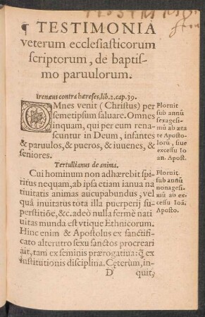 Testimonia veterum ecclesiasticorum scriptorum, de baptismo parvulorum.