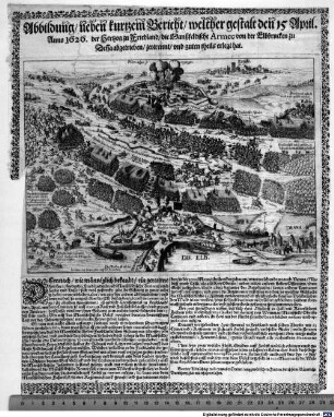 Abbildung neben kurtzem Bericht, welcher gestalt den 15 April. Anno 1626. der Hertzog zu Friedland die Manßfeldische Armee von der Elbbrucken zu Dessa abgetrieben zertrennt und guten theils erlegt hat