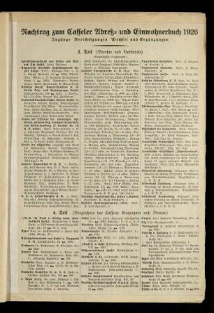 Nachtrag zum Casseler Adreß- und Einwohnerbuch 1926