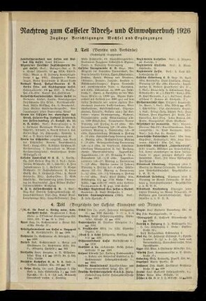 Nachtrag zum Casseler Adreß- und Einwohnerbuch 1926