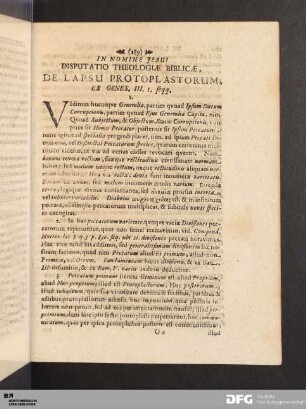 Disputatio Theologiae Biblicae, De Lapsu Protoplastorum.