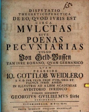 Disputatio Theoretico-Practica De Eo, Qvod Ivris Est Circa Mvlctas Sive Poenas Pecvniarias, Vvlgo Von Geld-Bussen Tam Ivre Romano, Qvam Germanico