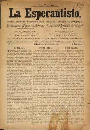 La Esperantisto : gazeto por la amikoj de la lingvo Esperanto. 1. 1889/90
