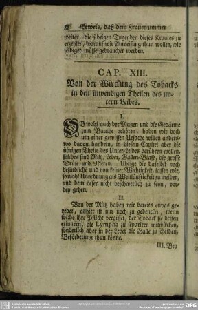 Cap. XIII. Von der Wirckung des Tobacks in den inwendigen Theilen des untern Leibes