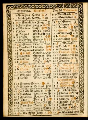 Alt Kalender. October/ New kal. Weinmont.