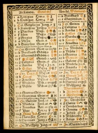 Alt Kalender. October/ New kal. Weinmont.