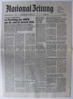 Tageszeitung der NDPD "National-Zeitung" zur Einberufung des 14. Parteitages der NDPD und zur Diskussion um die deutsche Einheit