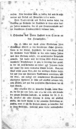 I. Schreiben des Herrn Pastors von Einem an den Herausgeber