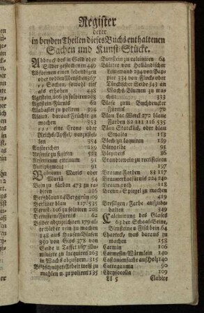 Register derer in beyden Theilen dieses Buchs enthaltenen Sachen und Kunst-Stücke.
