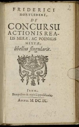 Friderici Hortlederi, De Concursu Actionis Realis Merae, Ac Poenalis Mixtae, libellus singularis