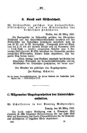 Schulferien in der Provinz Westpreußen : [C. Allgemeine Angelegenheiten der Unterrichtsanstalten]