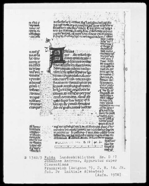 Johannes Andreae, Apparatus super Clementinas — Initiale A(bbates), Folio 2verso
