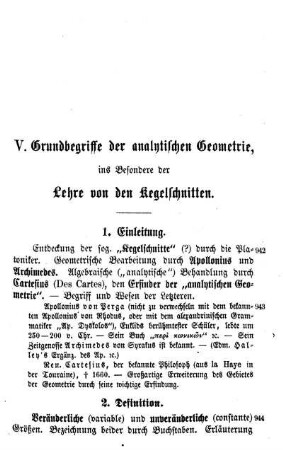 V. Grundbegriffe der analytischen Geometrie, insbesondere der Lehre von den Kegelschnitten.
