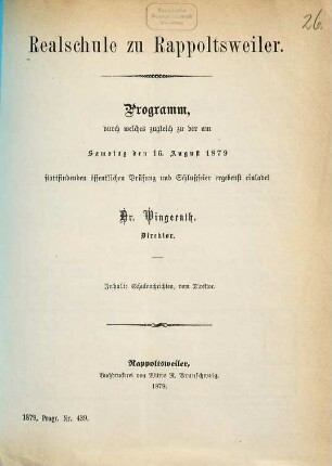Programm : mit welchem zu der öffentlichen Schulfeier am ... ergebenst einladet der Direktor. 1878/79