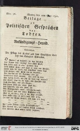 Beilage zu Politischen Gesprächen der Todten. Ankündigungs-Herold. Nro. 36