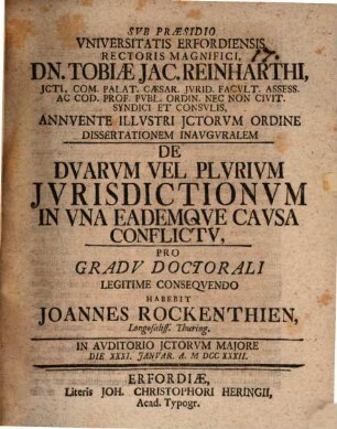 Dissertationem inavgvralem de dvarvm vel plvrivm jvrisdictionvm in vna eademqve cavsa conflictv