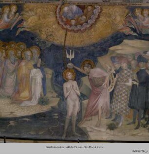 Szenen aus dem Leben Johannes des Täufers, Kreuzigung und Madonna mit verschiedenen Heiligen : Taufe Christi