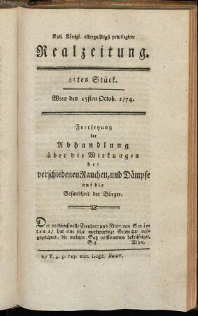 41tes Stück. Wien den 15sten Octob. 1774.