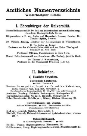 Amtliches Namenverzeichnis Winterhalbjahr 1931/32.