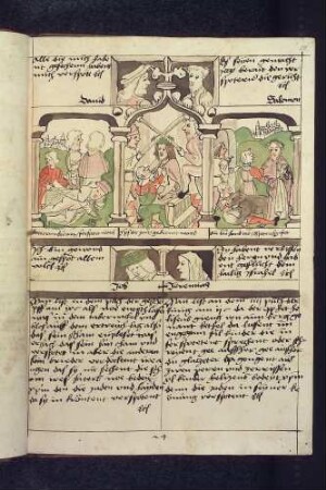 (1) Antitypus: Dornenkrönung Christi; Typen: (2) Ham verspottet Noah ; (3) Verspottung Elisas, ein Bär reißt die Spötter Elisas; (4) Propheten-Brustbilder