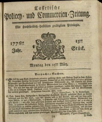 13tes Stueck, Montag den 25ten Maerz 1776