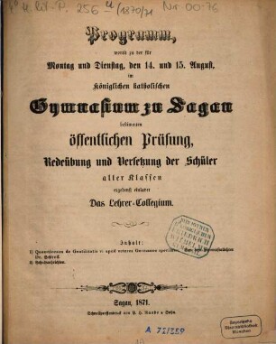 Programm des Königl. Katholischen Gymnasiums zu Sagan : über das Schuljahr ..., 1870/71