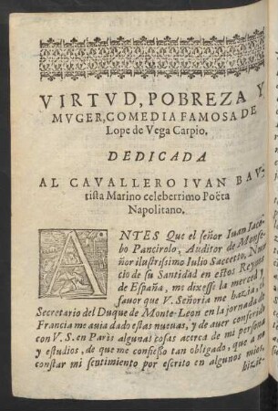 Virtud, Pobreza Y Muger, Comedia Famosa De Lope de Vega Carpio.