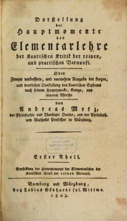 Darstellung der Hauptmomente der Elementarlehre der Kantischen Kritik der reinen Vernunft