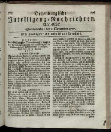 XLV. Stück. Sonnabends: den 8. November 1777.