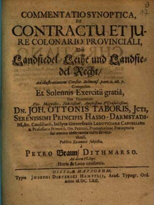 Commentatio Synoptica, De Contractu Et Iure Colonario Provinciali : = Von Landsiedel-Leihe und Landsiedel-Recht