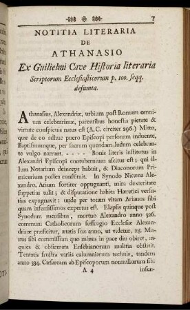Notitia Literaria De Athanasio Ex Guilielmi Cave Historia literaria Scriptorum Ecclesiasticorum p. 100. seqq. desumta.