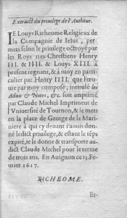 Extraiet du Privilege de l'Autheur.