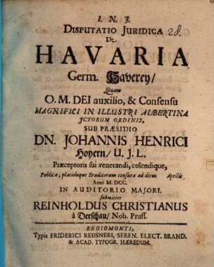 Disputatio juridica de havaria, Germ. Haverey