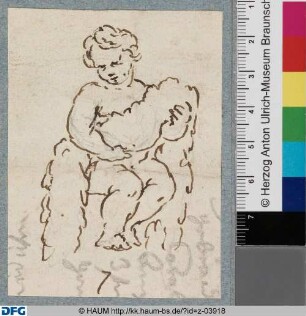 Sitzender Putto eine Girlande vor sich haltend