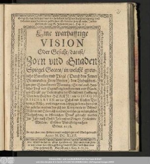 Eine warhafftige Vision Oder Gesicht/ das ist/ Zorn vnd Gnaden Spiegel Gottes : in welche[m] grewliche Straffen und Plage[n] ... den Vnbußfertigen zum Schrecken vnd Warnung: ...
