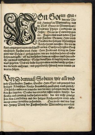 Von Gottes gnaden wir Ulrich Hertzogk zu Wirttemberg und zu Deck ... Unnd wir Philips Landtgrave zu Hessen ...