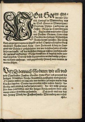 Von Gottes gnaden wir Ulrich Hertzogk zu Wirttemberg und zu Deck ... Unnd wir Philips Landtgrave zu Hessen ...