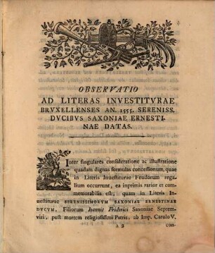 Christianus Gottlieb Buder D. praenobilissimi candidati Gabrielis Christophori Lembke ... solennia inauguralia indicit ... : brevi observatione ad literas investiturae Bruxellenses anni 1555. sereniss. ducibus Saxoniae Ernestinae datas praefatus