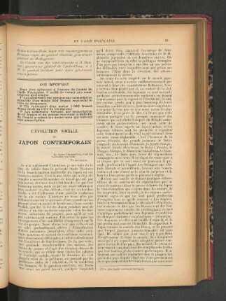 L'Évolution Sociale du Japon Contemporain.