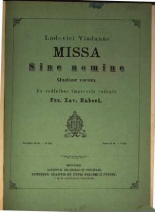 Ludovici Viadanae missa sine nomine : quatuor vocum