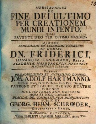 Meditationes de fine Dei ultimo per creationem mundi intento
