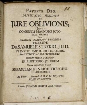 Disputatio Iuridica, De Iure Oblivionis