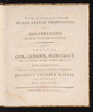 Theses Inaugurales Medicæ Primas Lineas Odontitidis, Sive Inflammationis Ipsorum Dentium Sistentes