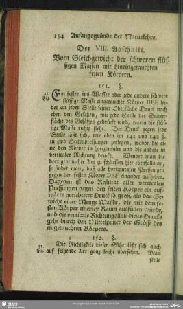 Der VIII. Abschnitt. Vom Gleichgewicht der schweren flüssigen Massen mit hineingetauchten festen Körpern