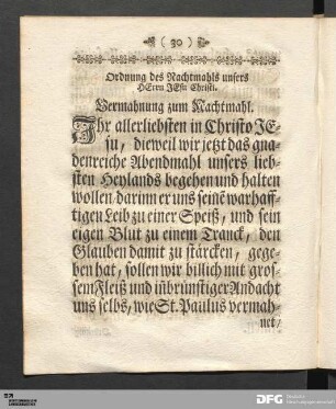 Ordnung des Nachtmahls unsers Herrn Jesu Christi.