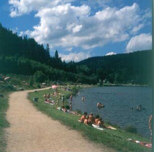 Talsperre Falkenstein. Badestrand mit Sprungturm