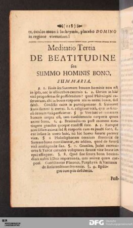 Meditatio Tertia De Beatitudine seu Summo Hominis Bono.