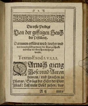 Die erste Predigt Von der gifftigen Seuch der Pestilentz.
