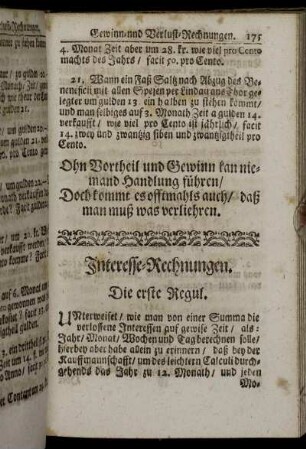 Interesse-Rechnungen. - Regula Falsi, oder Positionum.