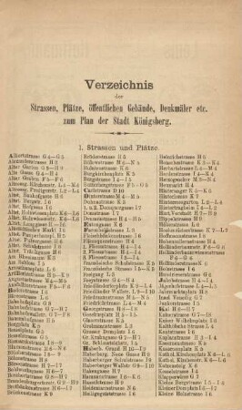 Verzeichnis der Strassen, Plätze, öffentlichen Gebäude, Denkmäler etc. zum Plan der Stadt Königsberg.